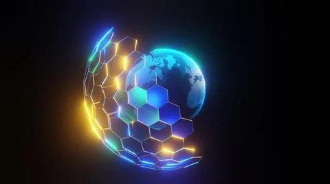 3D Rendering. Digital planet. Blue glowing hexagonal mesh 스톡 일러스트