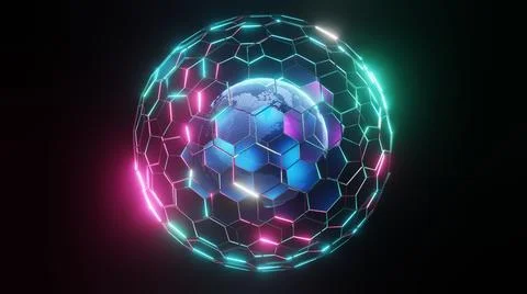 3D Rendering. Digital planet. Blue glowing hexagonal mesh 库存插图