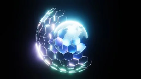 3D Rendering. Digital planet. Blue glowing hexagonal mesh Stock Illustration