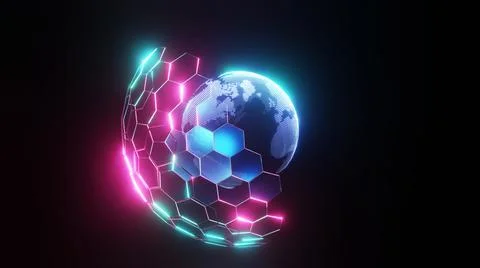 3D Rendering. Digital planet. Blue glowing hexagonal mesh 스톡 일러스트