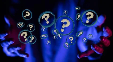 3D rendering with digital question marks in the space Stock Photos
