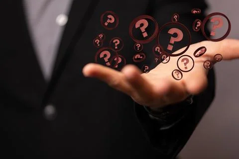 A 3D rendering of digital question marks floating on hand- Business problem s Foto stock