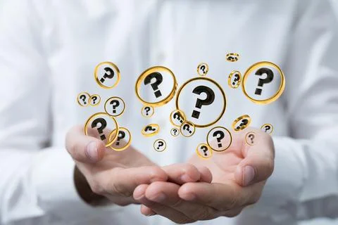 A 3D rendering of digital question marks floating on hands- Business problem  Stock Photos