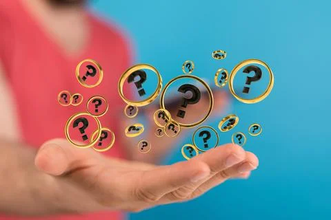 A 3D rendering of digital question marks floating on hand- Business problem s Foto stock