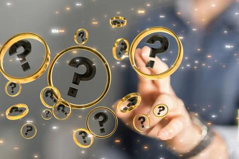 A 3D rendering of digital question marks with hand touching it from behind-Bu 스톡 사진