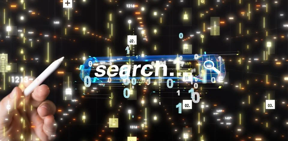 3D rendering of the digital search bar with a real person touching it Stock Illustration