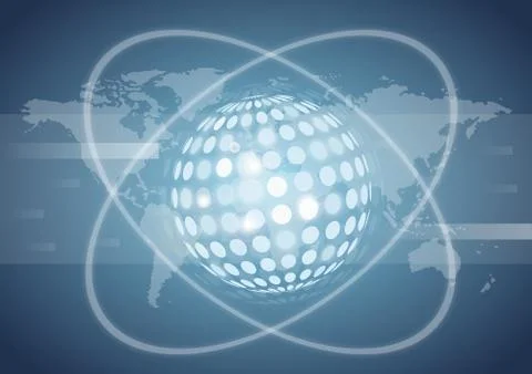 A 3D rendering of a digital sphere with light beams and the world map on a bl Stock Illustration