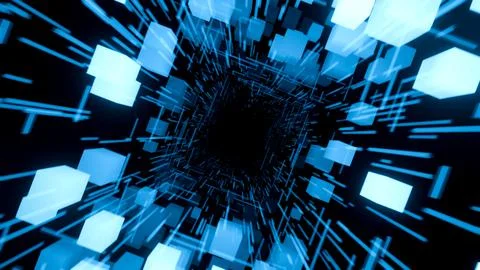 3D rendering of digital tunnel of cyberspace with cube particles and light. 库存插图