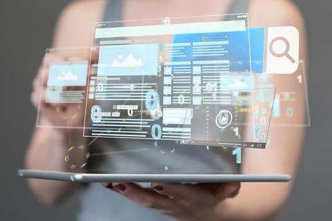 A 3D rendering of a digital web develop interface over a hand holding mobile  Stockfoto's