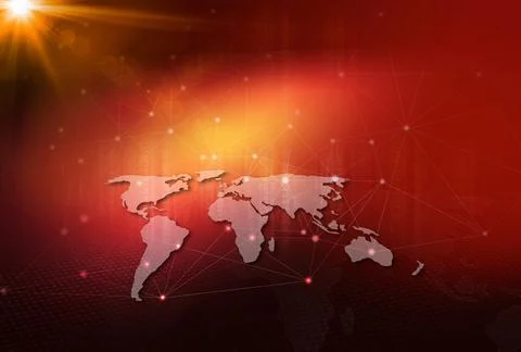 A 3d rendering of a digital world map with connection lines and binary codes- Illustrazione stock