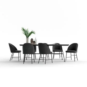 3D rendering of a dining room table with chairs on a white background Stock Illustration