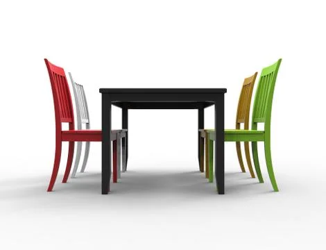 3D rendering of a dinner table with 4 colored chairs イラスト素材