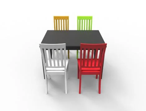3D rendering of a dinner table with 4 colored chairs イラスト素材