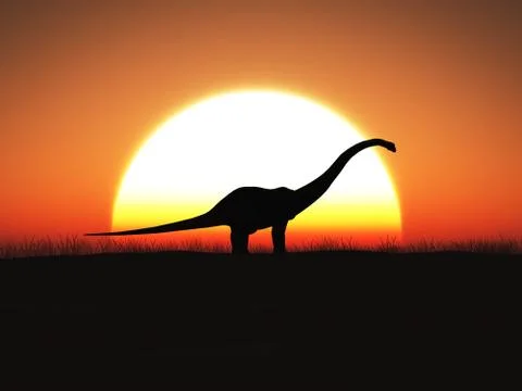 3D rendering of a dinosaur standing against a big sun at sunset. Stock Illustration