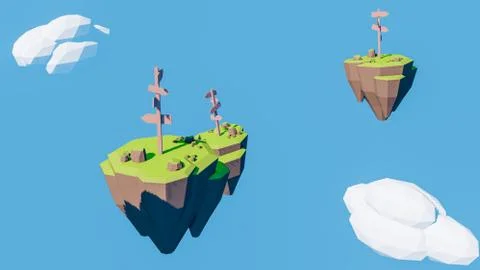 3D rendering of direction signs indicator on floating island 库存插图