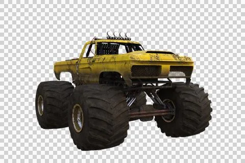 3D rendering of a dirty yellow monster truck isolated on white Illustrazione stock