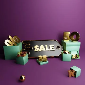 3D rendering of a discount sign template with boxes with percentages around o Stock Illustration