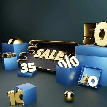 3D rendering of a discount sign template with boxes with percentages around o Stock Illustration