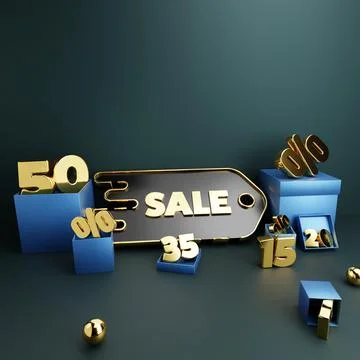 3D rendering of a discount sign template with boxes with percentages around o Stock Illustration