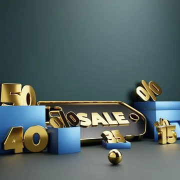 3D rendering of a discount sign template with boxes with percentages around o Stock Illustration