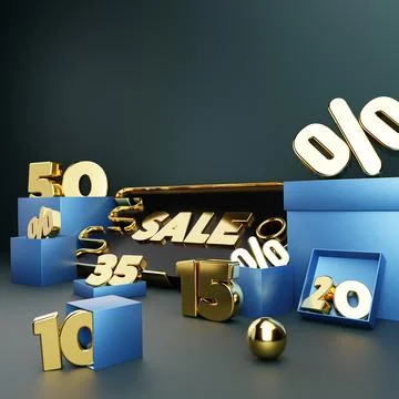 3D rendering of a discount sign template with boxes with percentages around o Stock Illustration