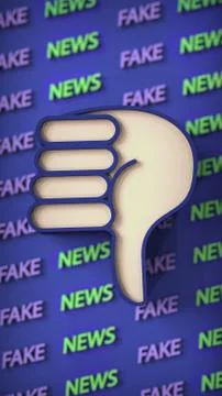 3D rendering of the dislike sign over a poster with the writings "fake news" Ilustração Stock
