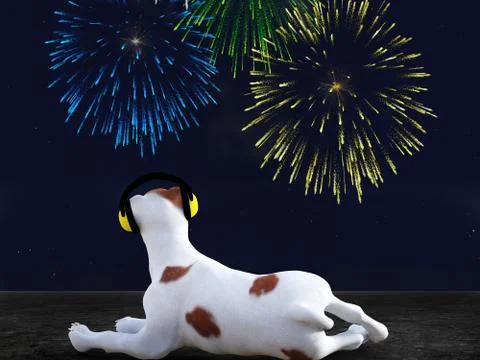 3D rendering of dog wearing hearing protection looking at fireworks. Stock Illustration