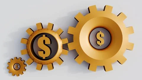 A 3d rendering of a dollar sign and interlocking gears or cogs. Stock Illustration