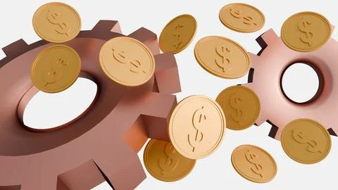 A 3d rendering of a dollar sign and interlocking gears or cogs. Stock Illustration