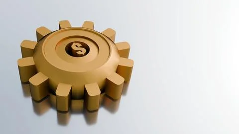 A 3d rendering of a dollar sign and interlocking gears or cogs. Illustrazione stock