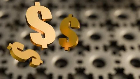 A 3d rendering of a dollar sign and interlocking gears or cogs. Illustrazione stock