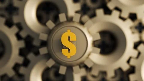 A 3d rendering of a dollar sign and interlocking gears or cogs. Stock Illustration