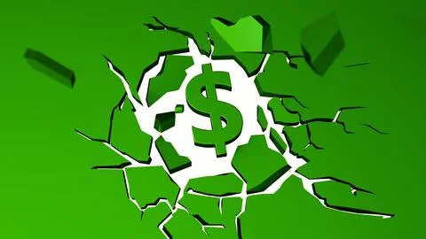 A 3D rendering of dollar sign is bursting upward through a cracked surface Stock Illustration