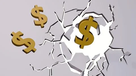 A 3D rendering of dollar sign is bursting upward through a cracked surface Stock Illustration
