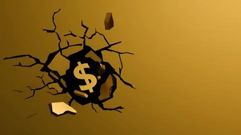 A 3D rendering of dollar sign is bursting upward through a cracked surface Stock Illustration