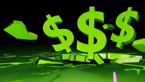 A 3D rendering of dollar sign is bursting upward through a cracked surface Stock Illustration