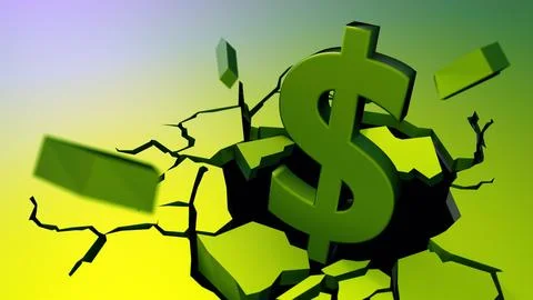 A 3D rendering of dollar sign is bursting upward through a cracked surface Stock Illustration