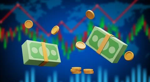 3d rendering dollars and coins with blurred financial chart background Stock Illustration