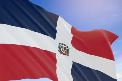 3D rendering of Dominican Republic flag waving on blue sky background Stock Illustration