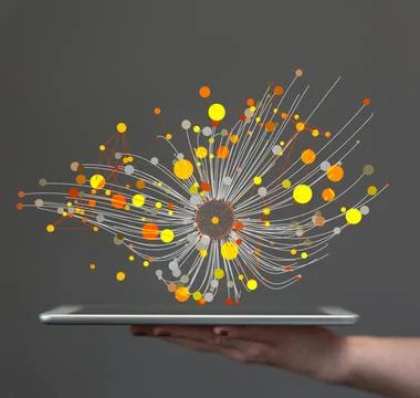 A 3D rendering of dots and lines hologram projecting from a man's tablet - ne Stock Photos