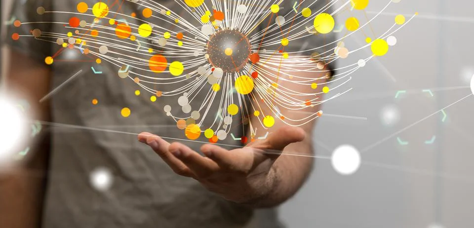A 3D rendering of dots and lines hologram on a man's palm - networking and di Stock Photos