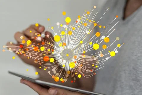 A 3D rendering of dots and lines hologram projecting from a man's tablet - ne Stock Photos