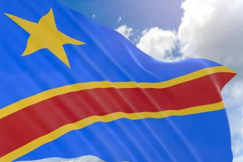 3D rendering of DR Congo flag waving on blue sky Stock Illustration