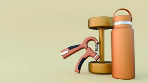 A 3d rendering of dumbbell, a hand gripper, and a water bottle Illustrazione stock