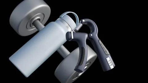 A 3d rendering of dumbbell, a hand gripper, and a water bottle Illustrazione stock