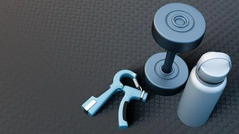 A 3d rendering of dumbbell, a hand gripper, and a water bottle Illustrazione stock