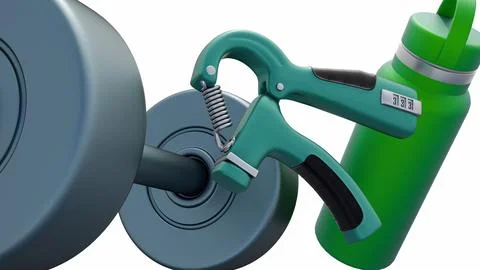 A 3d rendering of dumbbell, a hand gripper, and a water bottle Illustrazione stock
