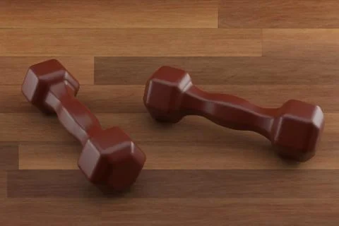 3d rendering dumbbell on the wooden floor, closeup, for fitness or weight Stock Illustration