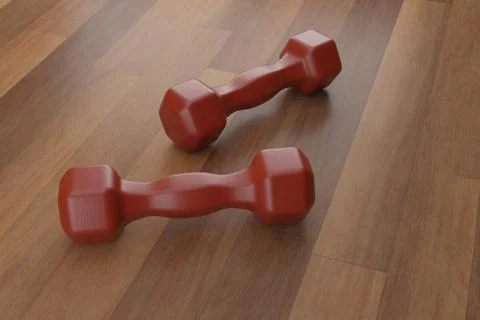 3d rendering dumbbell on the wooden floor, closeup, for fitness or weight Stock Illustration