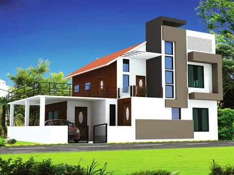 3D rendering of a duplex house with an abstract exterior design and a car イラスト素材